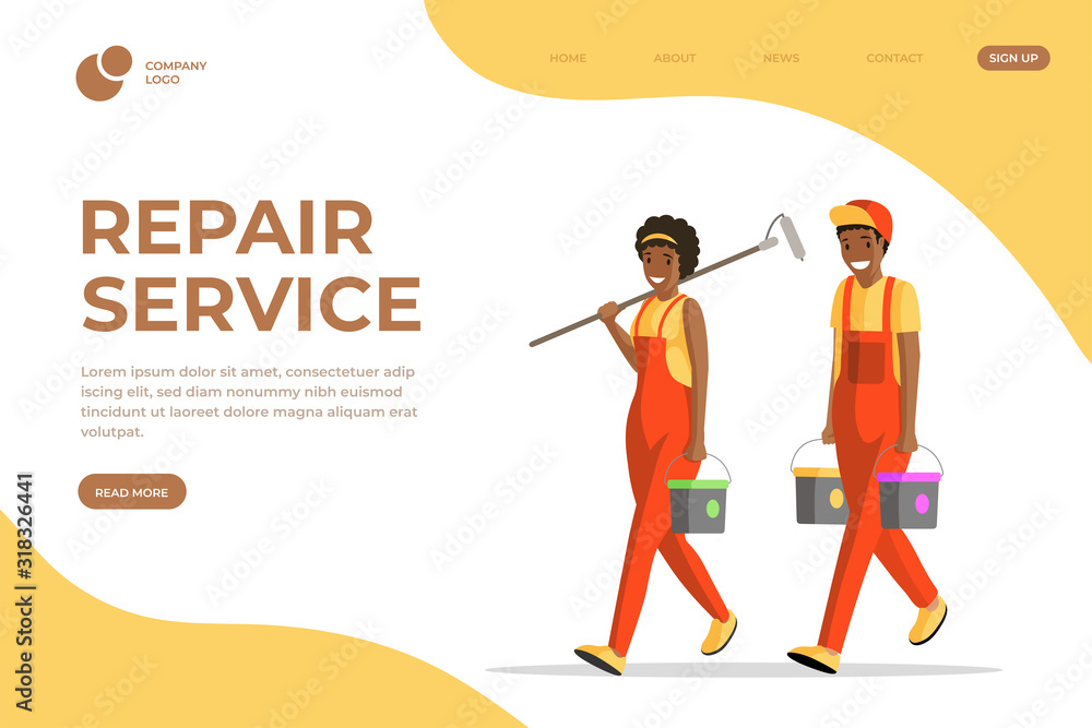 Repair service flat landing page template. Professional house painters, workmen and handymen in overalls cartoon characters. Apartment renovation company services website page layout