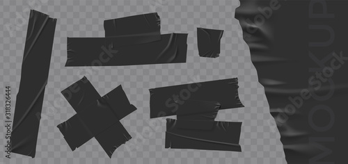 Set masking tape. Torn tape. Vector realistic black adhesive and grey masking tape pieces. Isolated vector illustration