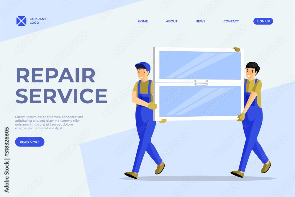 Window installation service landing page template. Cheerful handymen, repairmen carrying new windowpane cartoon characters. Professional builders, engineers services webpage layout