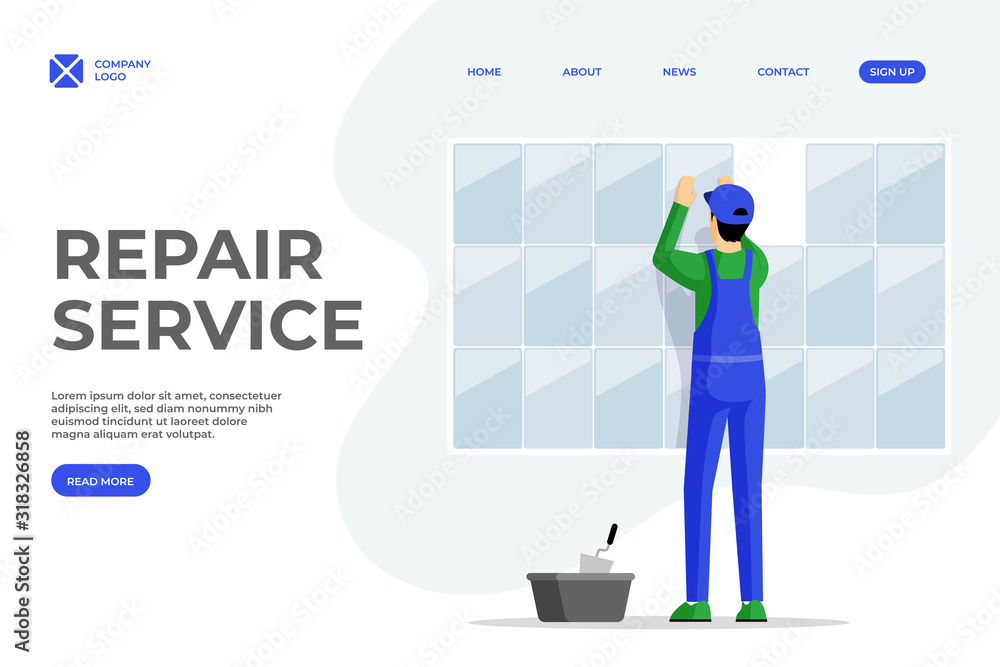 Tile layer services flat landing page template. Repairman fixing tiles to wall cartoon character. Professional workman, handyman, construction work specialist homepage design with text space Tile layer services flat landing page template. Repairman fixing tiles to wall cartoon character. Professional workman, handyman, construction work specialist homepage design with text space