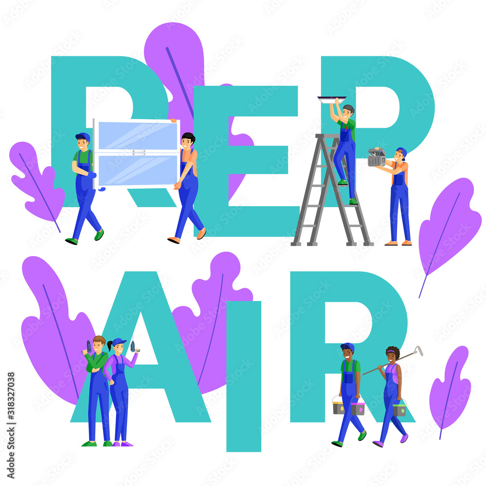 Repairman services word concept banner. Cheerful electricians, technicians, house painters and builders cartoon characters. Professional workman and handyman promo social media post design Repairman services word concept banner. Cheerful electricians, technicians, house painters and builders cartoon characters. Professional workman and handyman promo social media post design