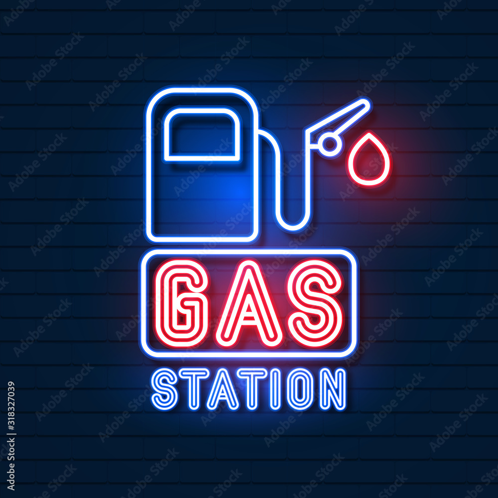Gas Station Neon Sign On Brick Background Vector Gas Station Neon Sign On Brick Background Vector