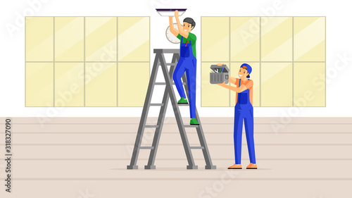 Electricians at work flat vector illustration. Skilled workman standing on ladder and fitting lamp to ceiling, young handyman holding toolkit. House renovation experts, builders checking wiring