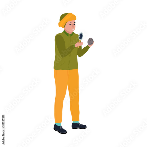Vector illustration with a woman archaeologist who examines an artifact through a magnifier. Fossil find in the hands of an archaeologist searching for rare ancient things, stones or animal tracks