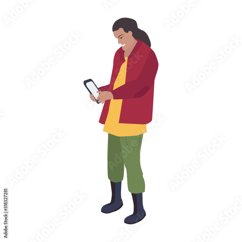 Vector illustration with a male archaeologist in boots who is looking at a tablet. A man looks at the excavation map in a smartphone. Search for information on the Internet