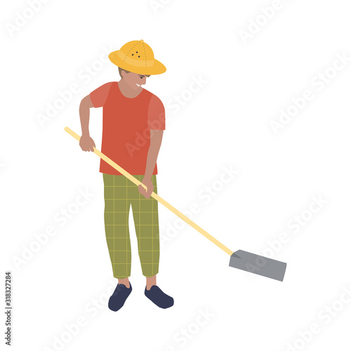 Vector illustration with a male archaeologist with a shovel in his hands who is excavating or building. A man in a cork helmet digs with a shovel.
