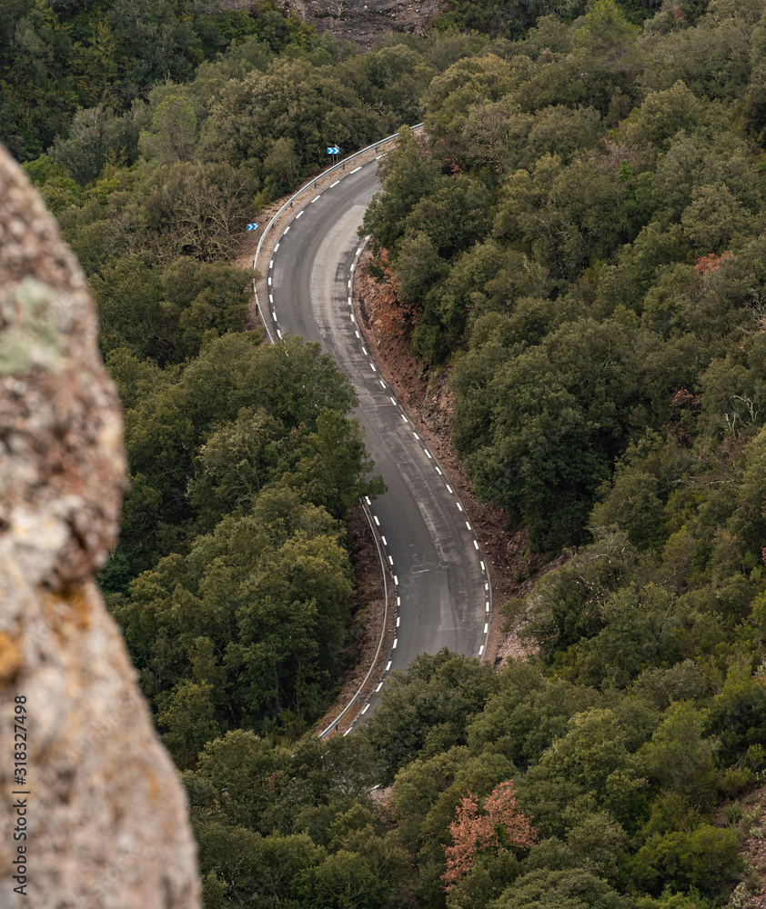Carretera de curvas en un bosque mediterrraneo