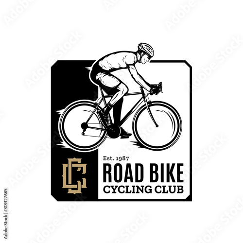 Vector road biking badge, logo, label with a rider on a bike
