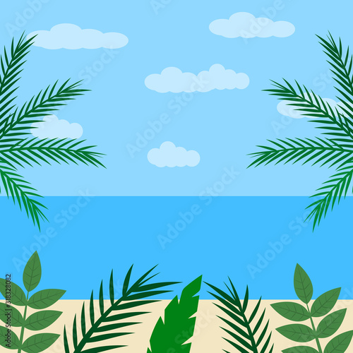 Landscape in cartoon flat style. Fantastic seaside with palm trees and seashore. Vector illustration