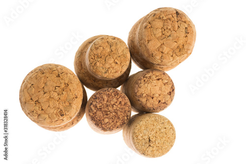 set of wooden champagne corks, wine isolated on white background