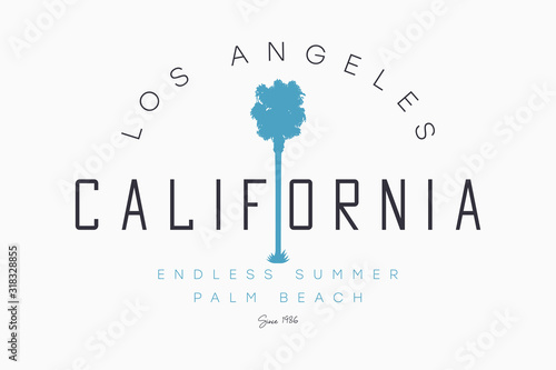 California, Los Angeles t-shirt design with palm tree silhouette. Endless summer slogan for tee shirt print. Typography graphics for California apparel. Vector illustration.