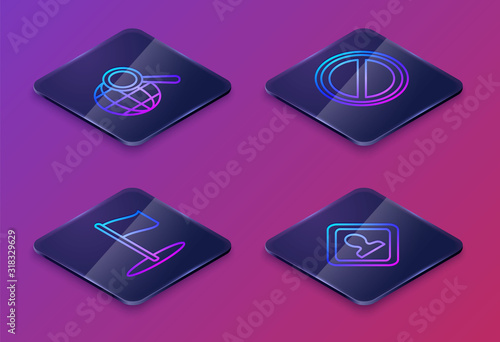 Set Isometric line Magnifying glass with globe, Flag, Stop sign and Road traffic sign. Blue square button. Vector