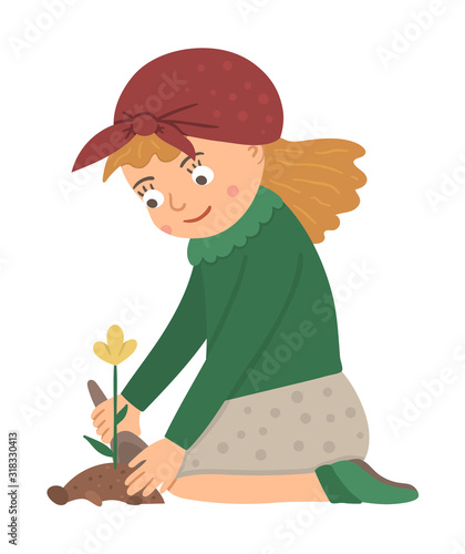 Vector illustration of a girl planting flower with a shovel isolated on white background. Cute kid doing garden work. Spring gardening activity picture with funny character. .