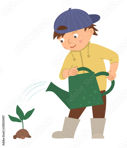Vector illustration of a boy watering plant isolated on white background. Cute kid doing garden work. Spring gardening activity picture with funny character. .