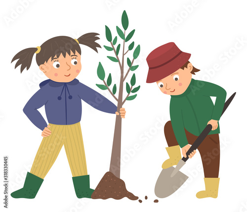 Vector illustration of children planting tree isolated on white background. Cute kids doing garden work. Boy digging ground with spade. Spring gardening activity picture with funny character. .