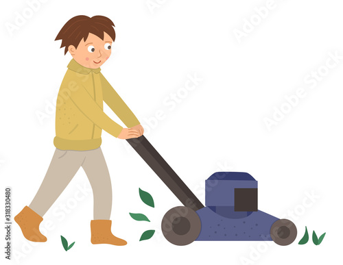 Vector illustration of a boy cutting grass with lawn mower isolated on white background. Cute kid doing garden work. Spring gardening activity picture with funny character. .