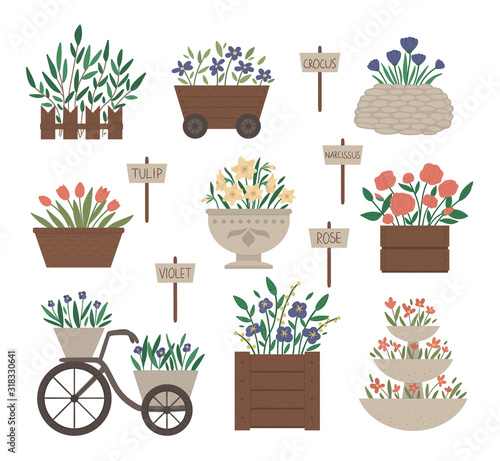 Vector illustration of different flower beds. Garden decorative flowerbeds with plants. Collection of beautiful spring and summer herbs and flowers with sign plates..