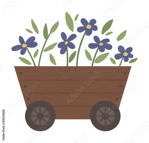 Vector illustration of flower bed. Garden decorative wheelbarrow like wooden flowerbed with plants. Beautiful spring and summer herbs and flowers..