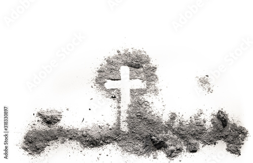 Christian religion cross made in ash or dust as sacrifice, redemption, ash wednesday or lent concept