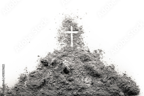 Golgota hill with Jesus cross made of ash as christian religion, Ash Wednesday, Good Friday, Easter or Lent concept illustration photo