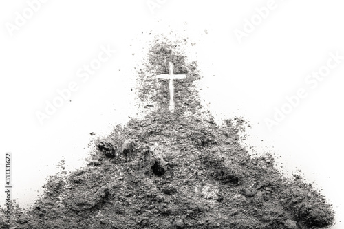 Golgota hill with Jesus cross made of ash as christian religion, Ash Wednesday, Good Friday, Easter or Lent concept illustration