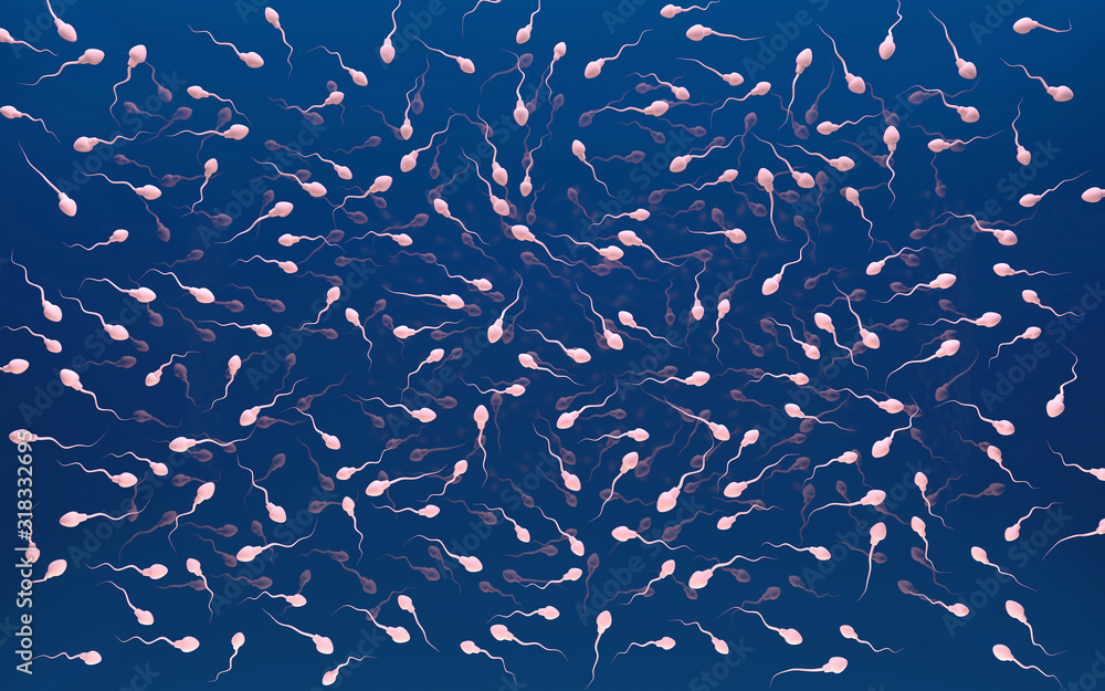 Obraz premium 3d illustration of sperm cells random moving on blue background.