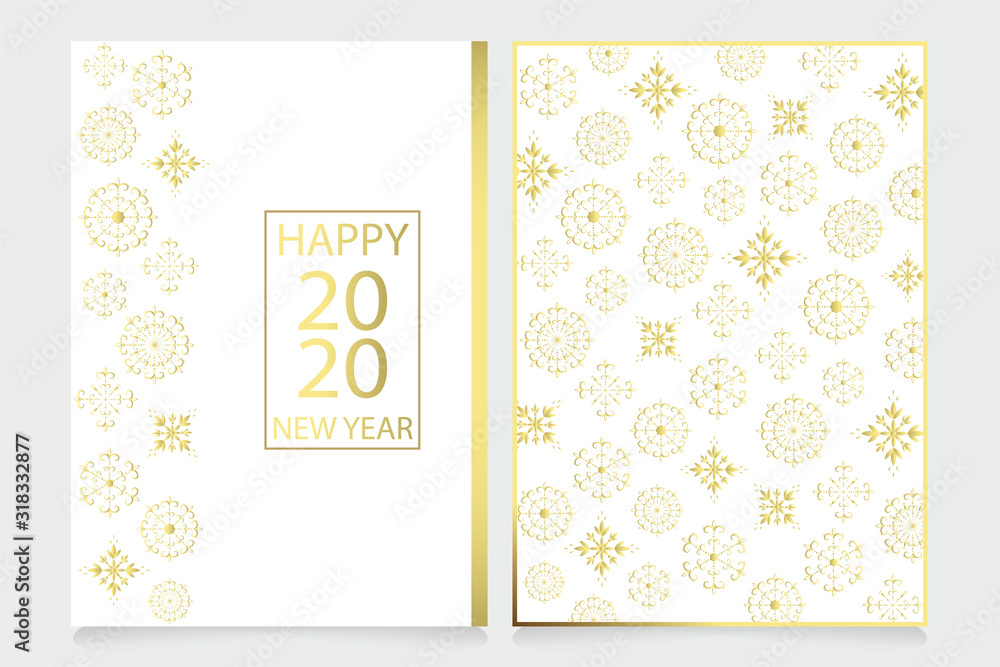 Beautiful hand drawn invitation card set with copy space for your text. Decorative openwork vector gold snowflakes for design on a white background. 