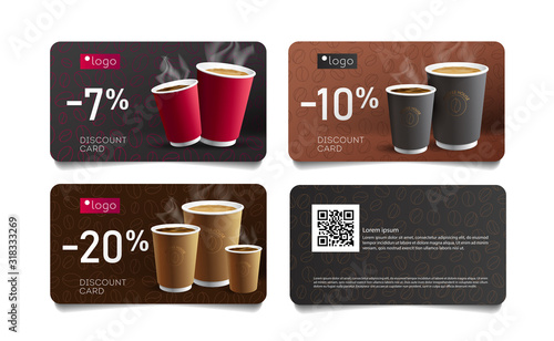 Discount card or voucher template design for cafe with coffee cups illustrations