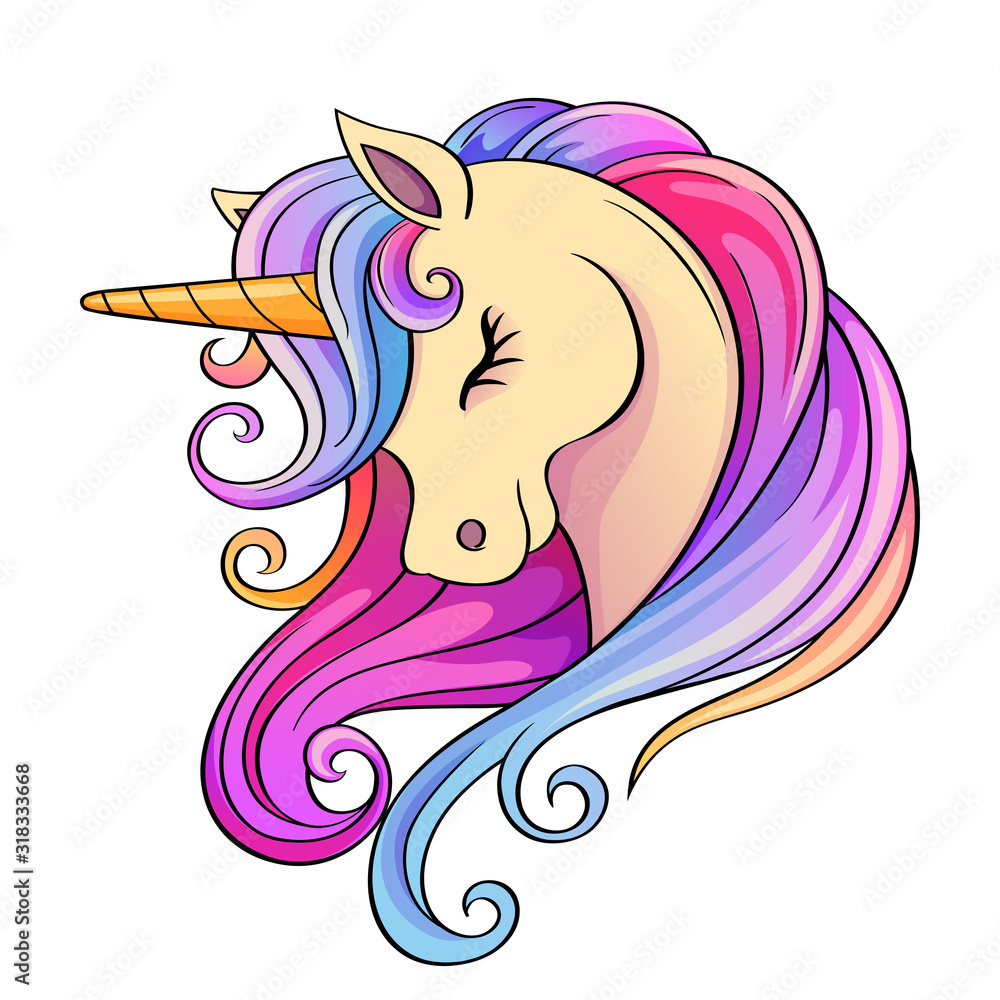 Cute cartoon unicorn head with rainbow mane Stock Vector | Adobe Stock
