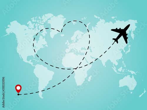 World map with airplane line path in heart form. Romantic and love travel concept