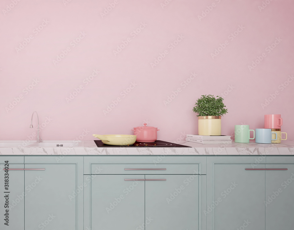 Modern kitchen interior with pastel color,marble countertops with sink