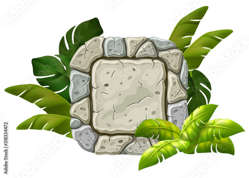 Stone board decoration liana branches and tropical leaves. Isolated vector cartoon square frame with space for text on white background.