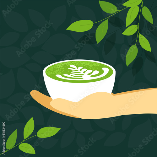 Cup of matcha latte in hand. Healthy organic beverage. Chinese culture and green tea ceremony. Japanese drink matcha and branches of tea plant. Vector illustration for menu, poster, flyer, cafe, card.