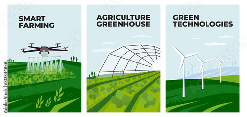 Set of banners with smart farming, wind turbine and greenhouse. Illustrations of  irrigation drone spraying on field, innovation and green technologies in agriculture. Design for poster, cover, flyer.