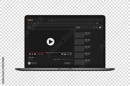 Realistic computer video web site. Template mockup.