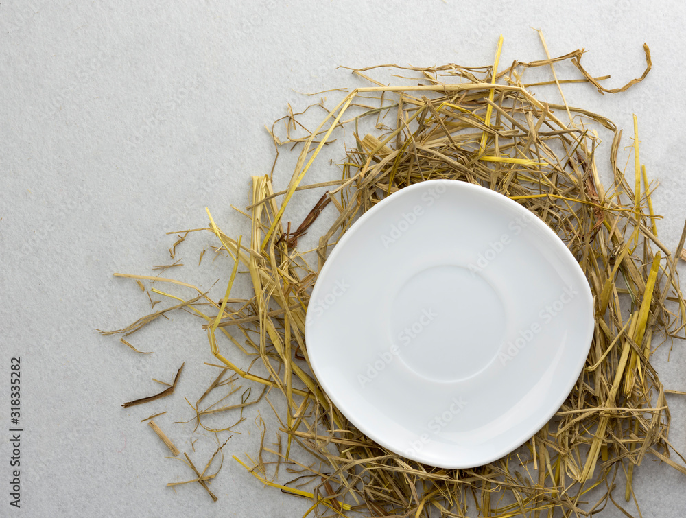 A plate on a straw isolated on a white background.