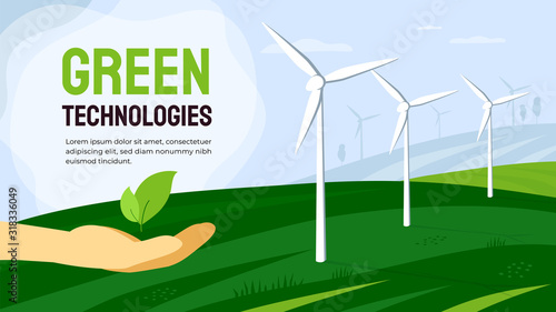 Vector illustration of landscape with wind turbines, eco friendly energy converter. Green technologies, environment and power of future concept. Hand with plant leaves. Template for layout, flyer, web