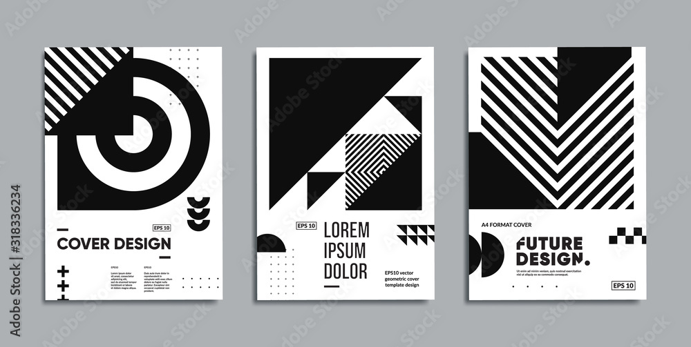 Fototapeta premium Minimal geometric posters set. Chaotic geometry composition in monochrome style. 