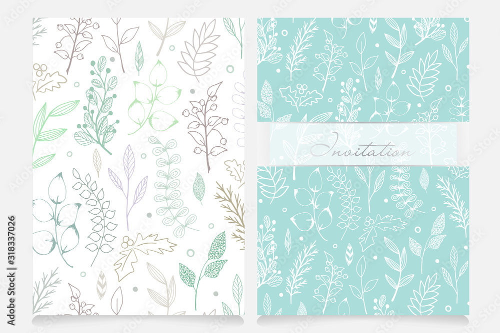 Beautiful invitation card set with copy space for your text. Hand drawn doodle vector branches, leaves and berries. Celebration banner for design cards, wedding invitations, Birthday or Valentines Day