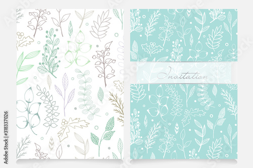 Beautiful invitation card set with copy space for your text. Hand drawn doodle vector branches, leaves and berries. Celebration banner for design cards, wedding invitations, Birthday or Valentines Day