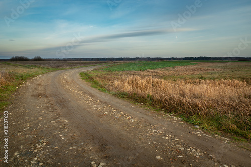 Dirt road with stones through the fields  dispelled clouds on the sky
