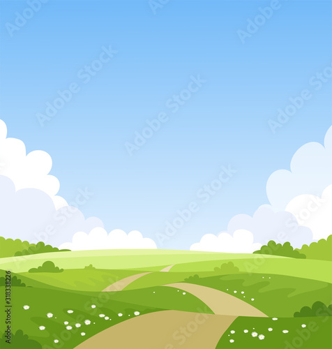 Beautiful spring landscape, banner with green fields and meadows. Summer natural background with place for text, green grass, road, clouds, sky. Sunny park. Vector illustration