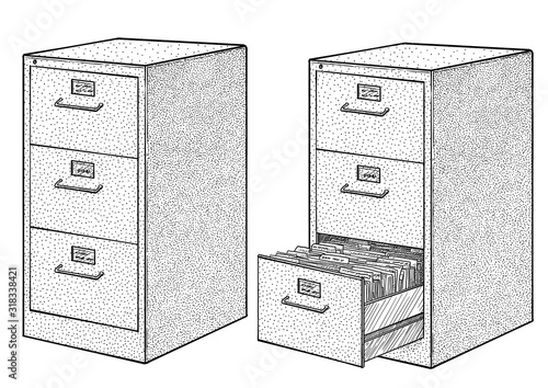 Filing cabinet illustration, drawing, engraving, ink, line art, vector