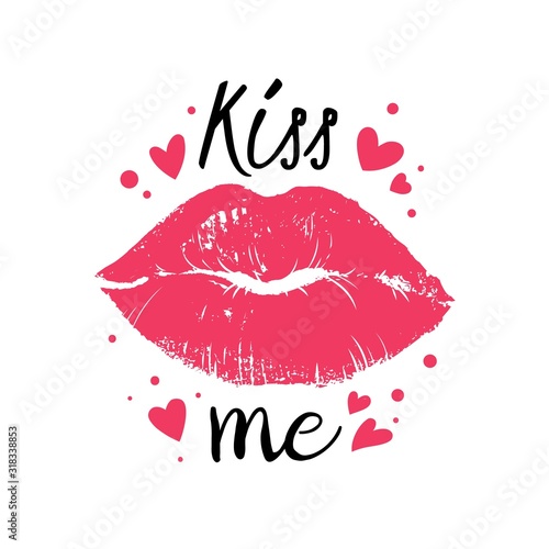 Greeting card with lips. Lipstick kiss print and lettering text for valentines day, passion and romance symbol, womans lips vector background
