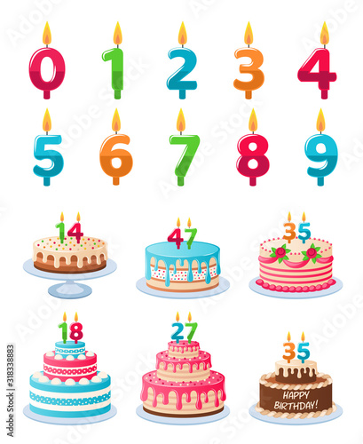 Cakes with candle numbers. Anniversary birthday cake with candles, colorful delicious desserts, celebration chocolate cupcakes vector set