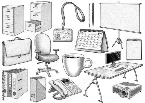 Office equipment collection, illustration, drawing, engraving, ink, line art, vector