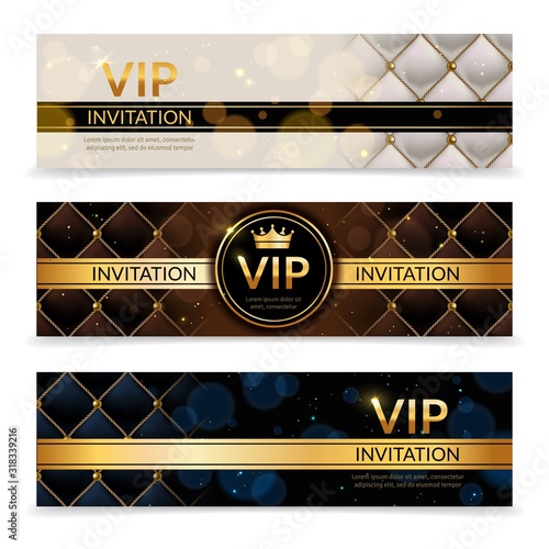 Vip banners. Premium invitation card, luxury golden and platinum design template, elegant glamour vip club party flyer vector collection