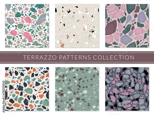 Terrazzo pattern. Veneziano composite texture italian mosaic, granite flooring tile. Marble stone seamless sample, architectural vector set