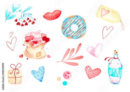 Set of images, bag of hearts, donut, hearts, love drink, romantic set. The individual elements of watercolor painting.