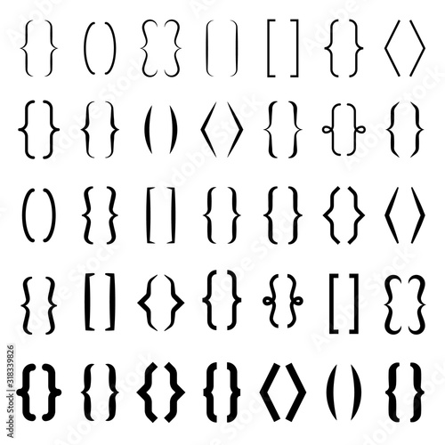 Bracket set. Curly calligraphic decorative line brackets for text accents and frame of ornament shapes vector illustration
